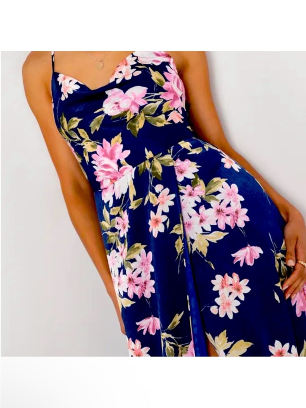 Lulus Love of Romance Navy Floral Print Satin Cowl Neck Maxi Dress - Size XS NWT - Picture 5 of 11